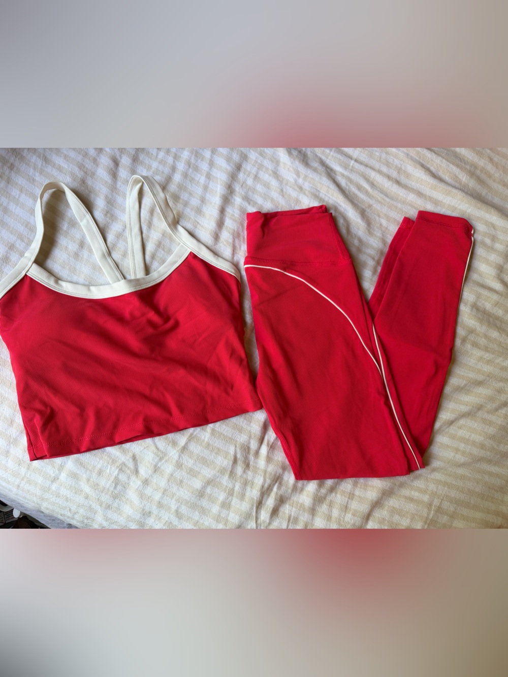 Red Sports Bra & Leggings Set with White Trim